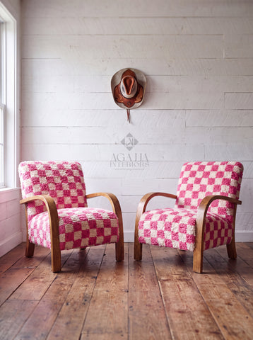 Mid-Century Modern Lounge Chairs - 2 Custom Vibrant Checkered Accents for Home Styles
