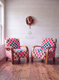 Mid-Century Modern Lounge Chairs - 2 Custom Vibrant Checkered Accents for Home Styles